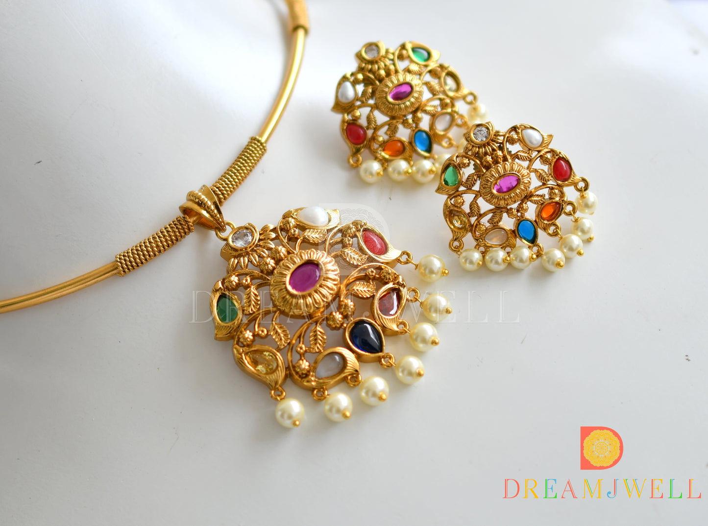 Matte finish navarathna stone hasli necklace set dj-37552