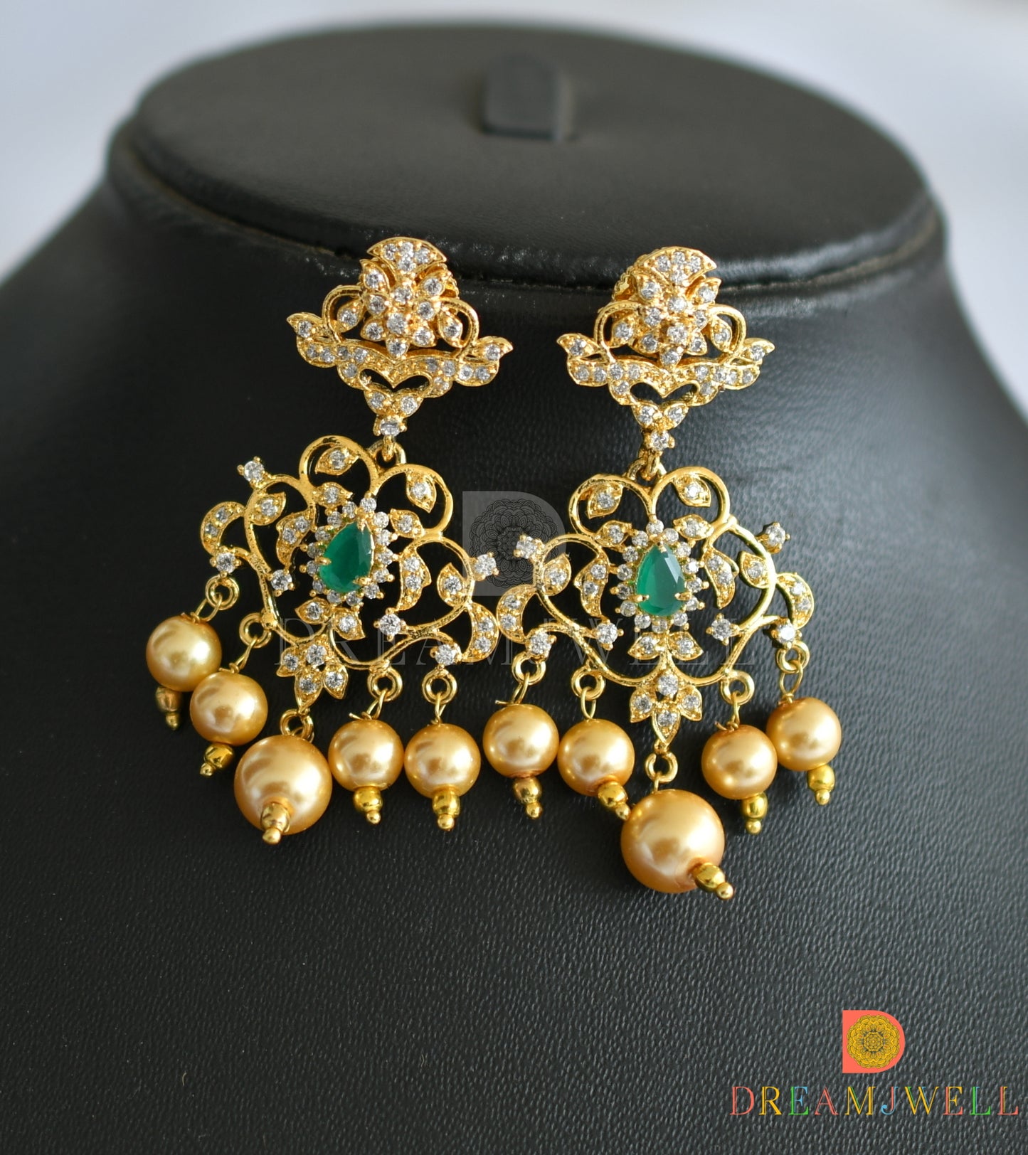 Gold tone cz-green pearl necklace set dj-01669
