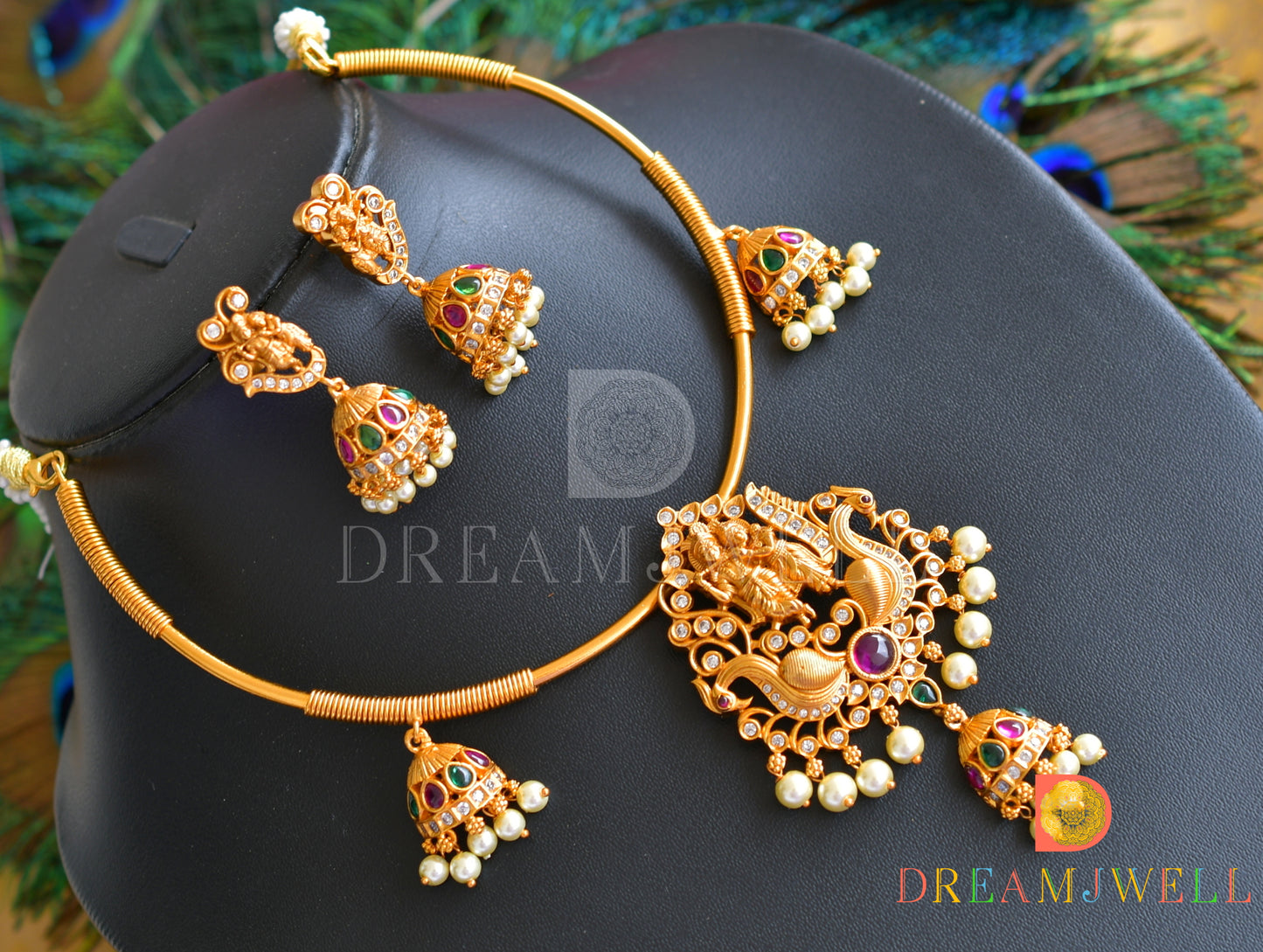 Matte finish kemp-green Radhe-Krishna Peacock hasli necklace set dj-35876