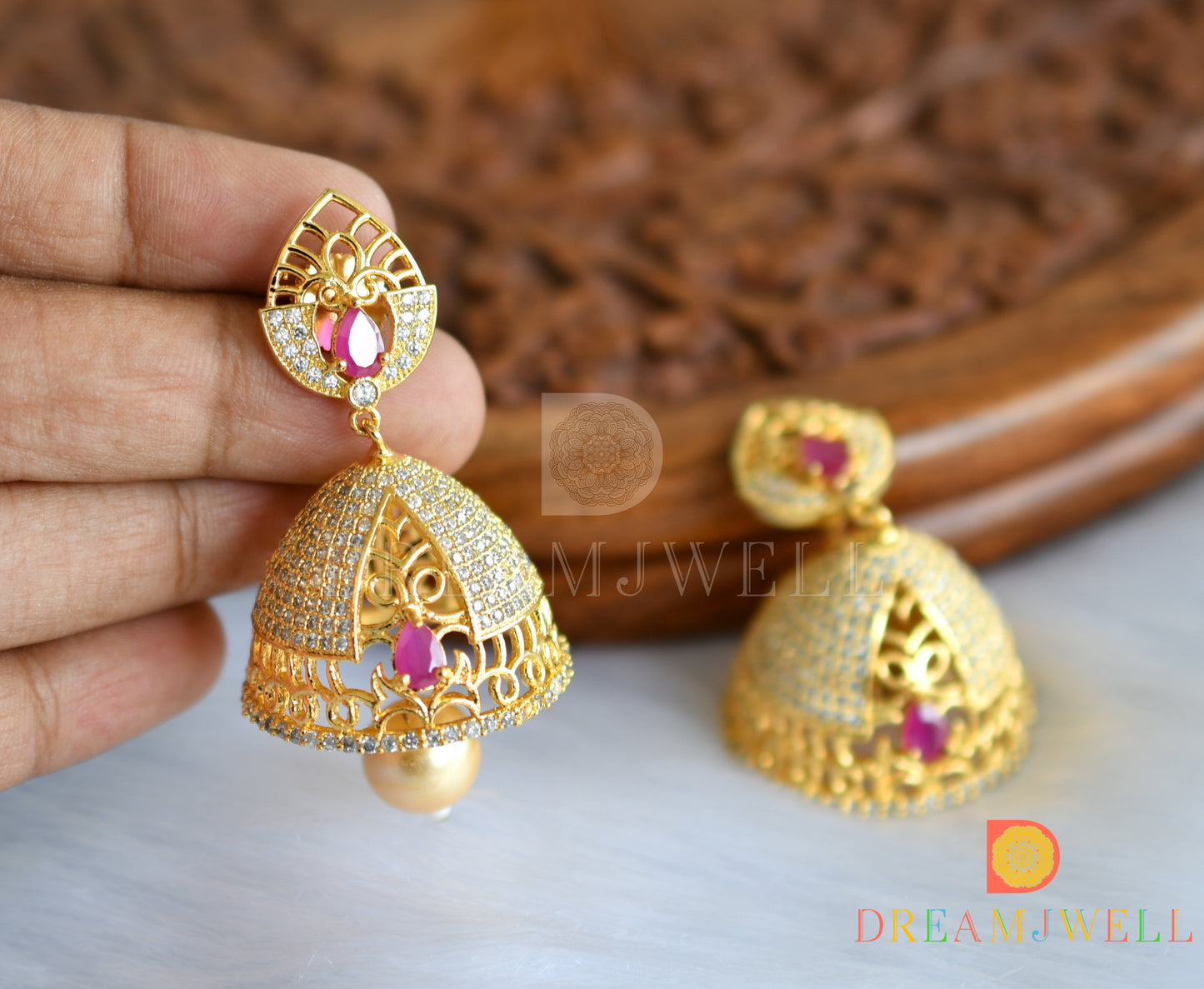 Gold tone cz-ruby Jhumkkas dj-01712