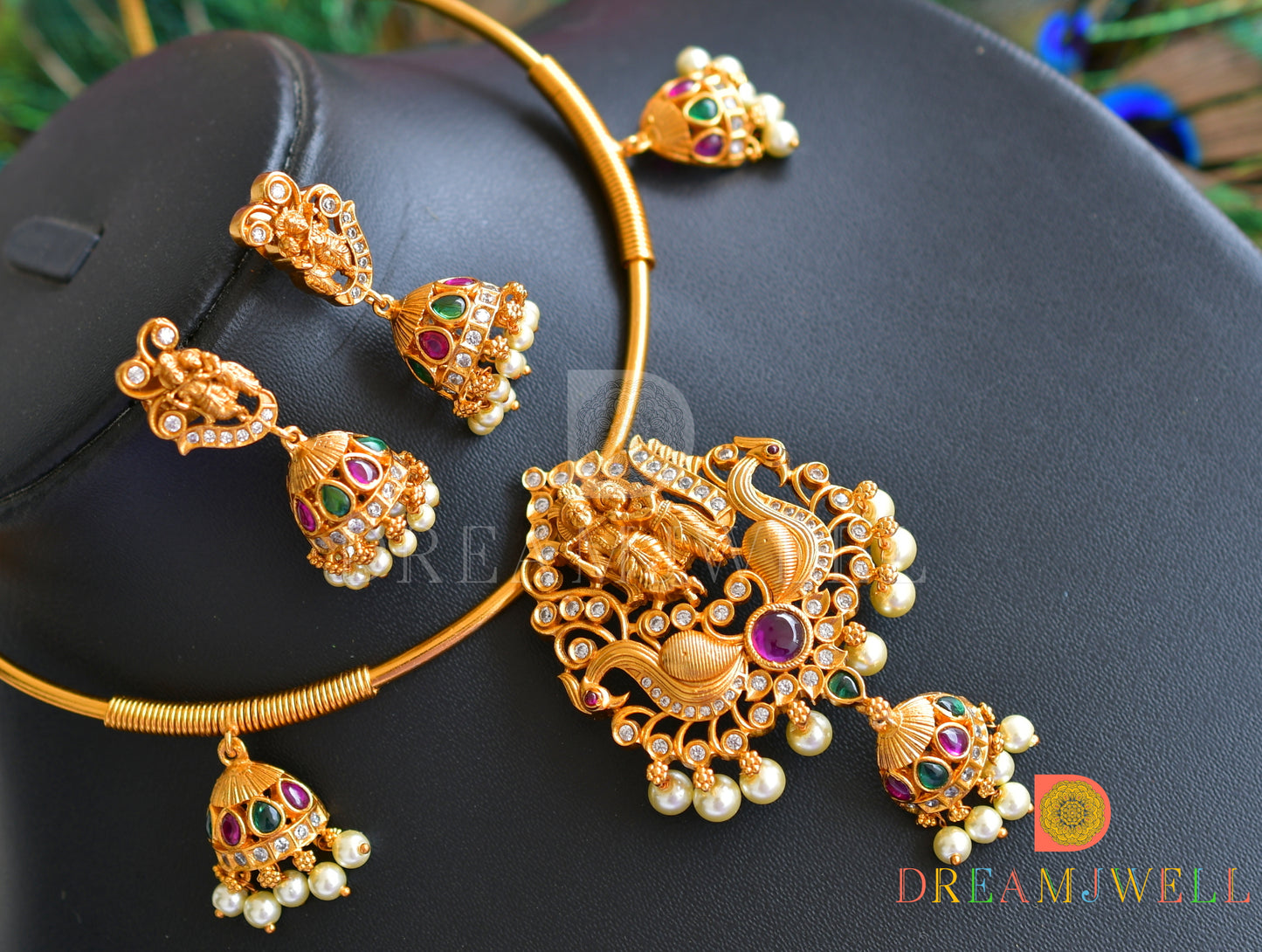 Matte finish kemp-green Radhe-Krishna Peacock hasli necklace set dj-35876