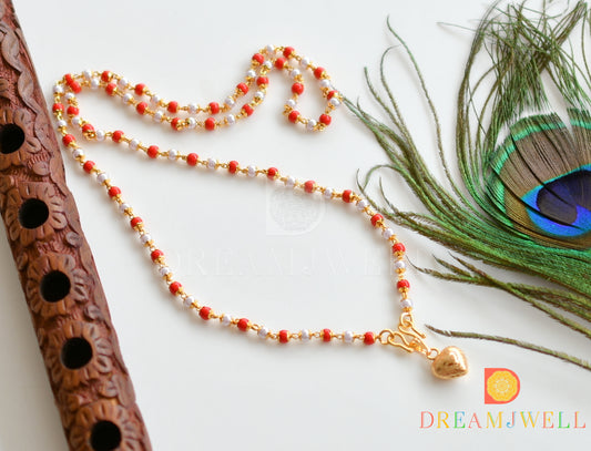 Gold tone white-coral beads heart pendant with chain dj-36744