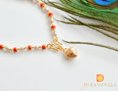 Gold tone white-coral beads heart pendant with chain dj-36744