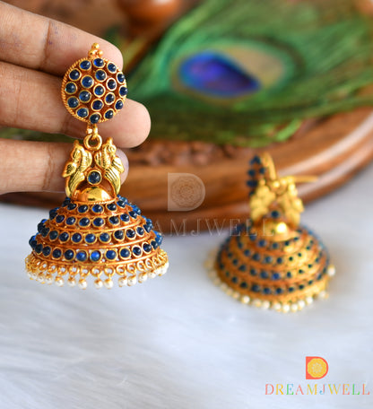 Antique gold tone royal blue peacock Jhumkkas dj-01699