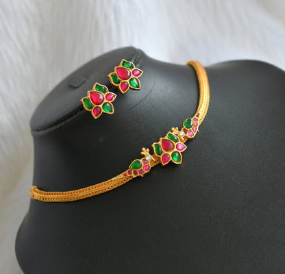 Gold tone pink-green kundan jadau Lotus-peacock choker necklace set dj-39146