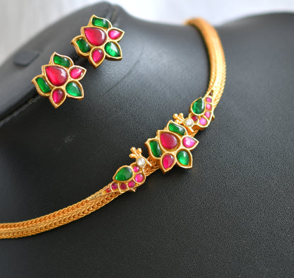 Gold tone pink-green kundan jadau Lotus-peacock choker necklace set dj-39146