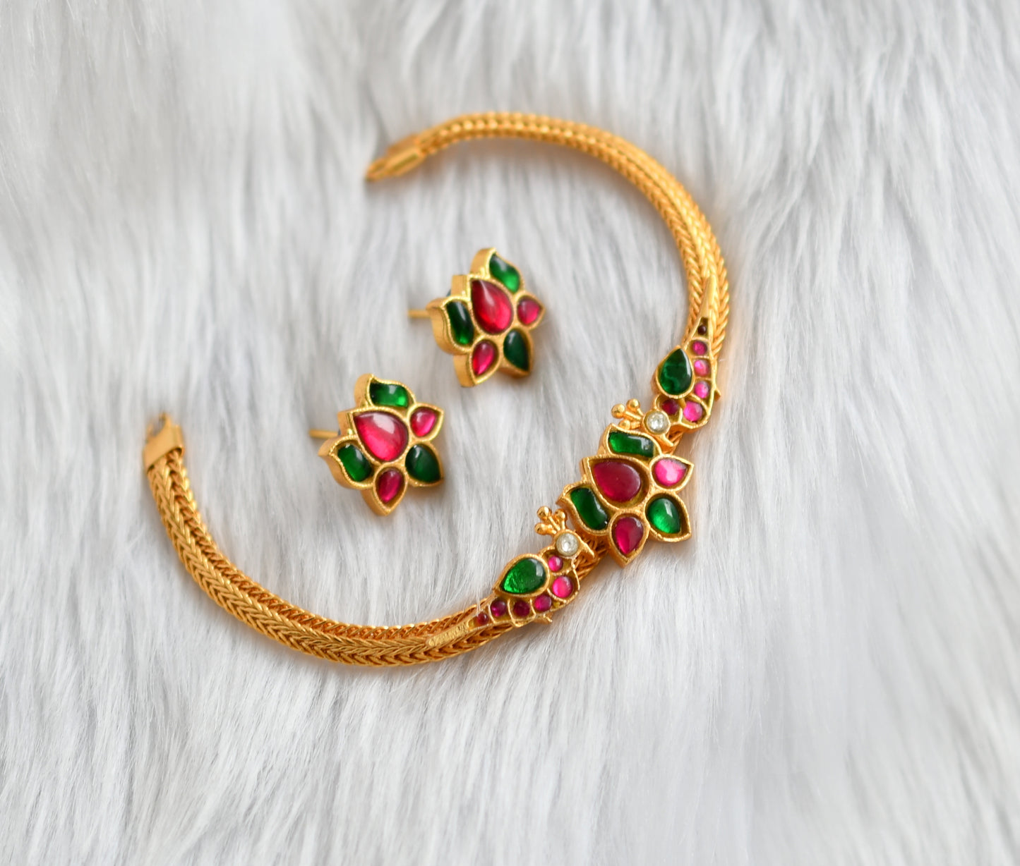 Gold tone pink-green kundan jadau Lotus-peacock choker necklace set dj-39146