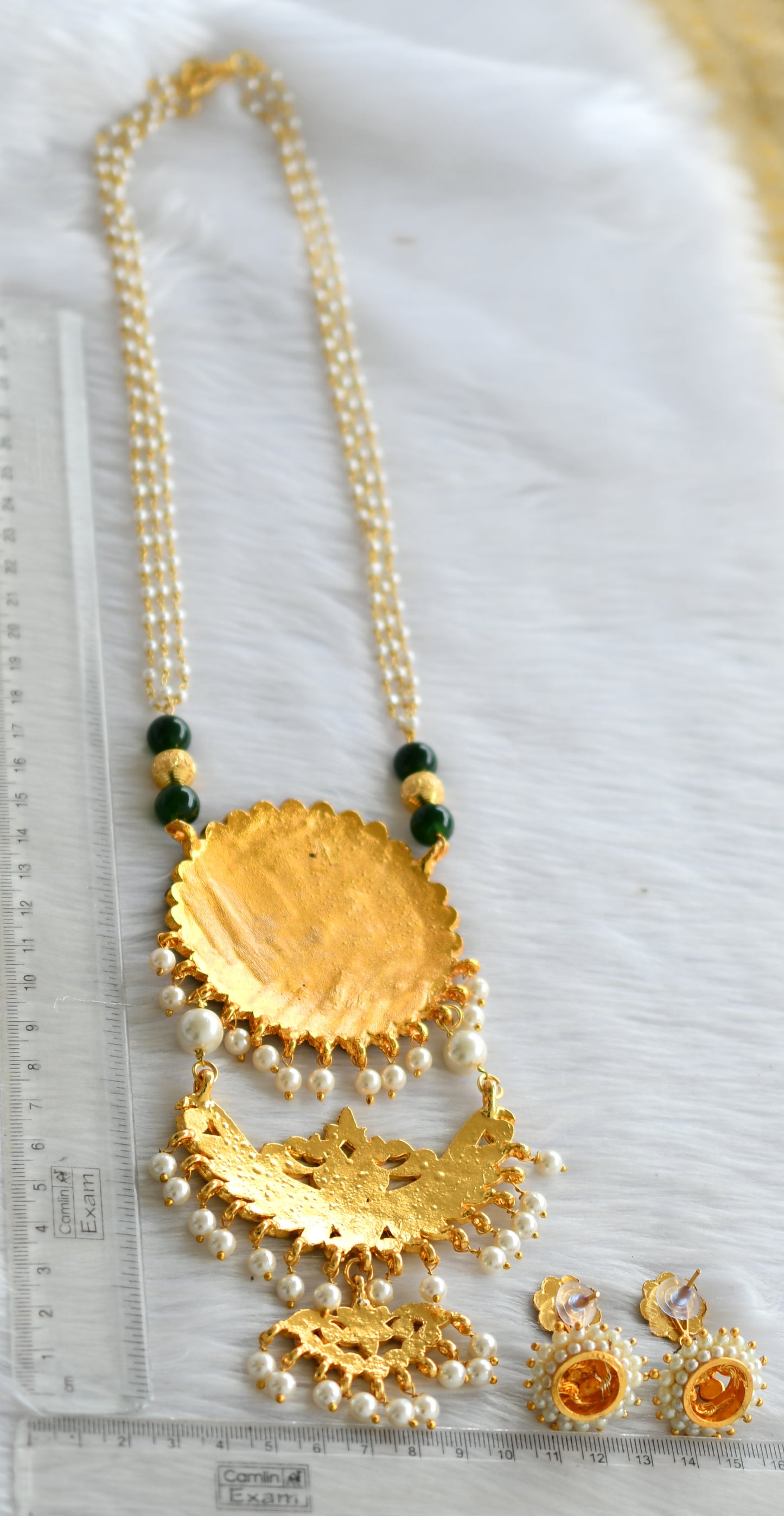 Gold tone Green double pendant temple jewel long Haar set dj-17730