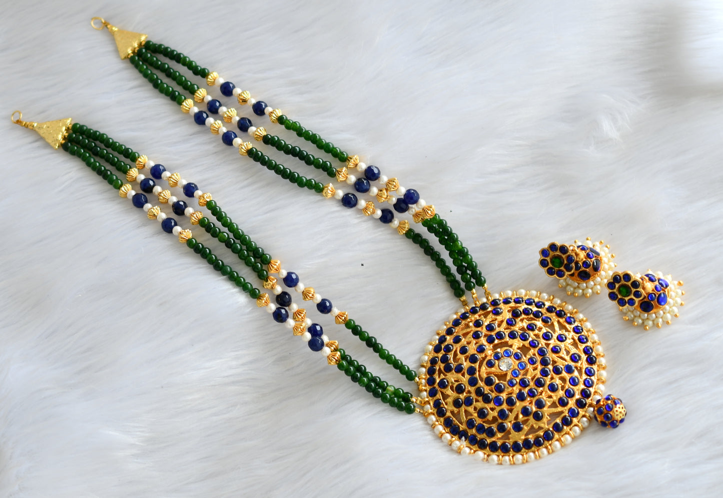 Gold tone blue-green round pendant beaded haar set dj-19158