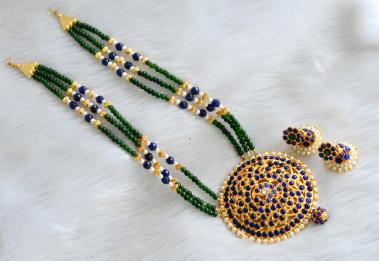 Gold tone blue-green round pendant beaded haar set dj-19158