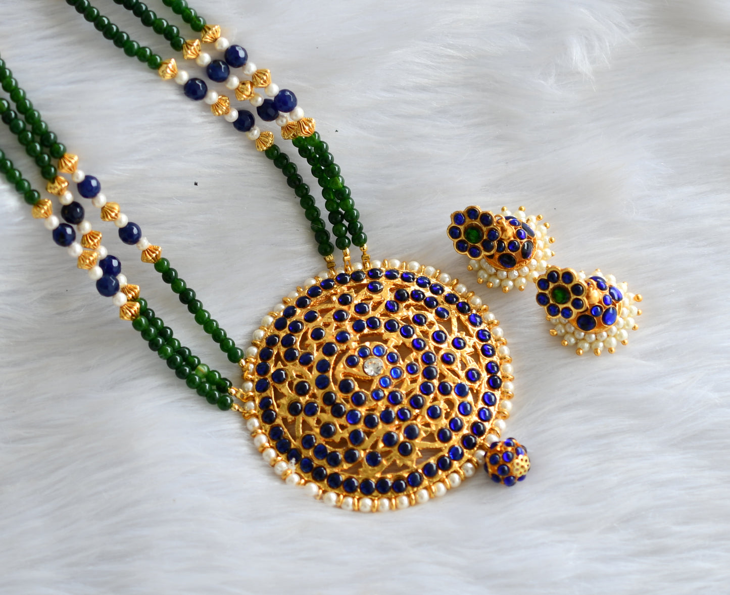 Gold tone blue-green round pendant beaded haar set dj-19158