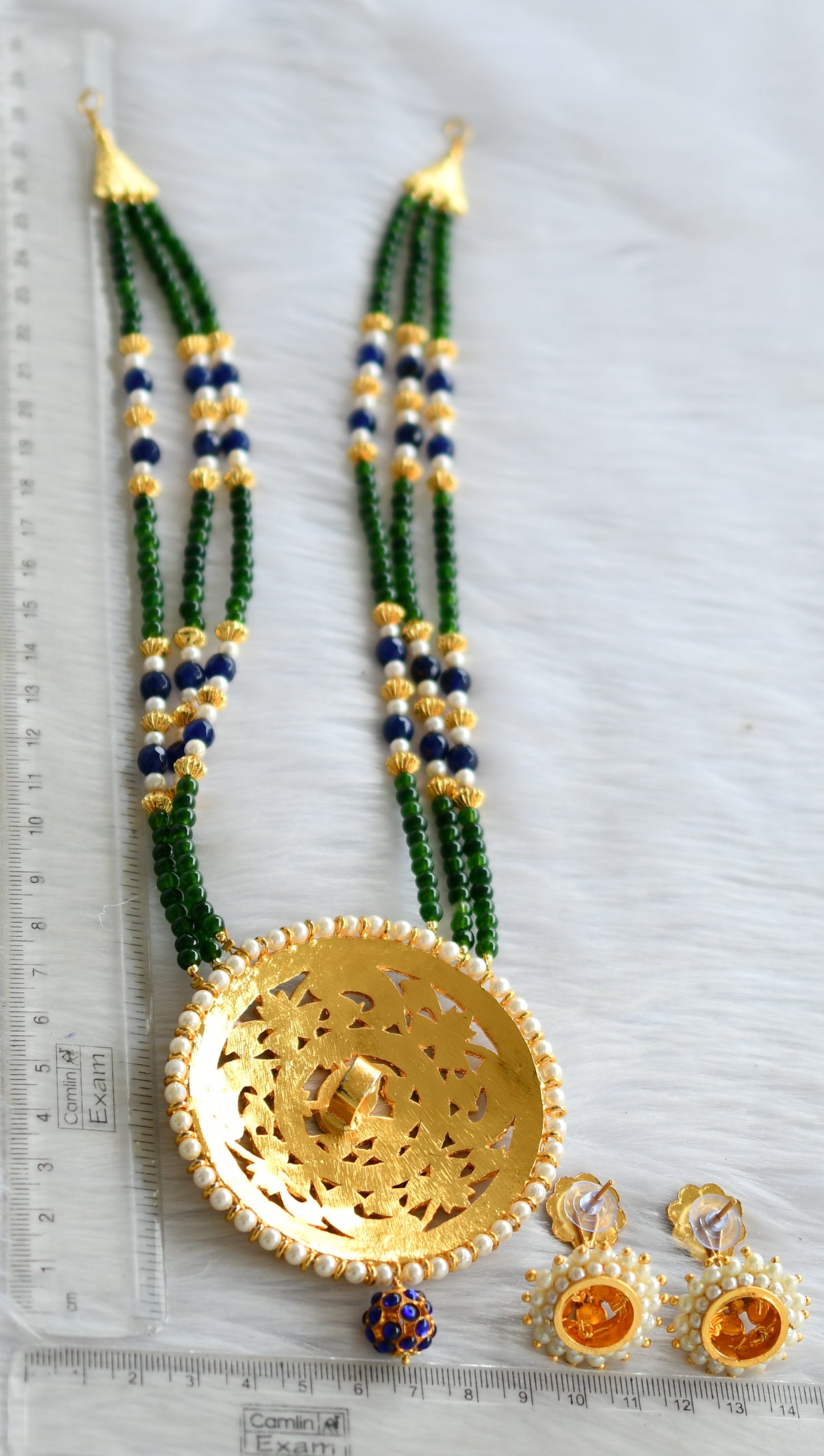 Gold tone blue-green round pendant beaded haar set dj-19158