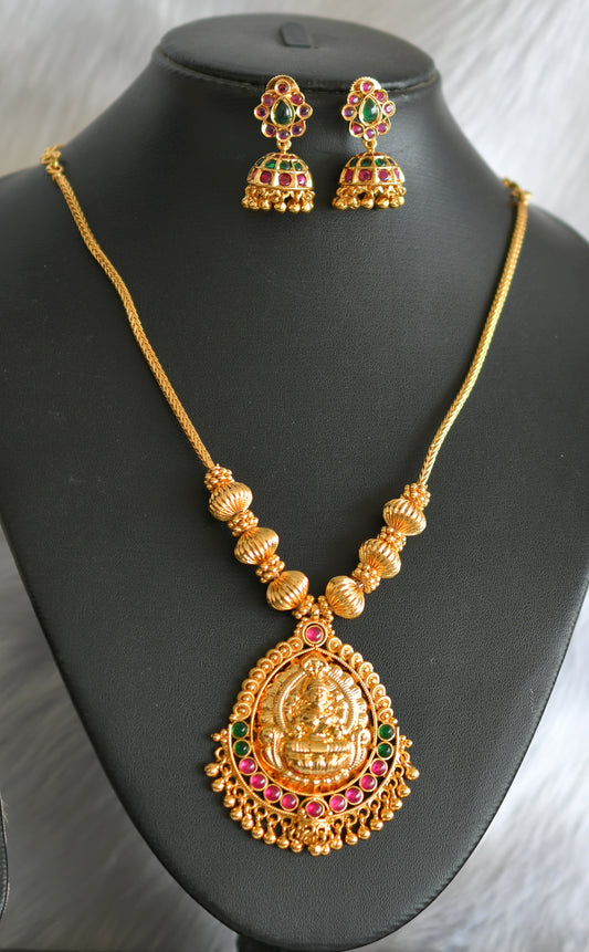 Gold tone pink-green Lakshmi necklace set dj-39147