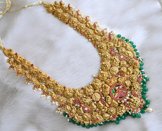 Antique gold look alike pink-green-white kundan jadau Lakshmi swan rice pearl green beads haar dj-40613