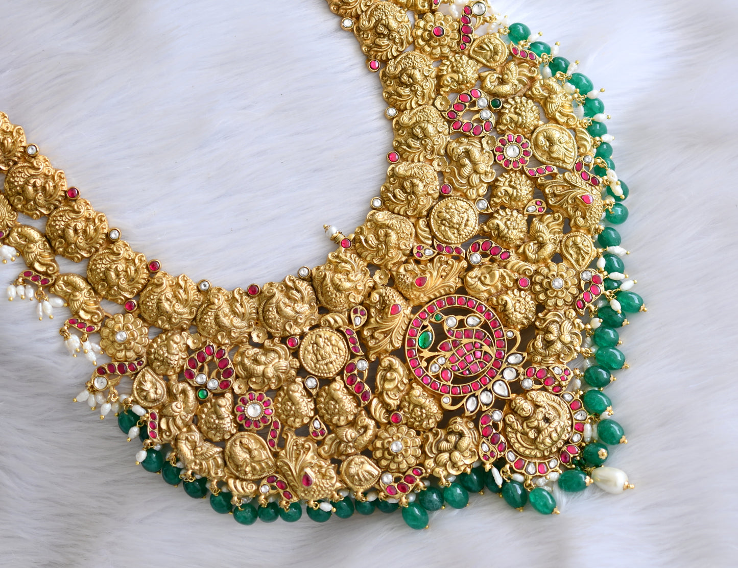 Antique gold look alike pink-green-white kundan jadau Lakshmi swan rice pearl green beads haar dj-40613