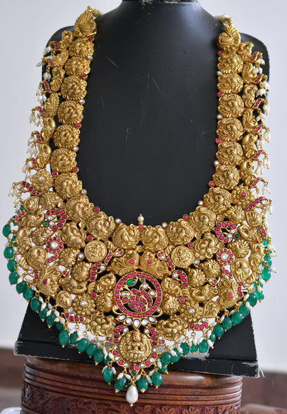 Antique gold look alike pink-green-white kundan jadau Lakshmi swan rice pearl green beads haar dj-40613