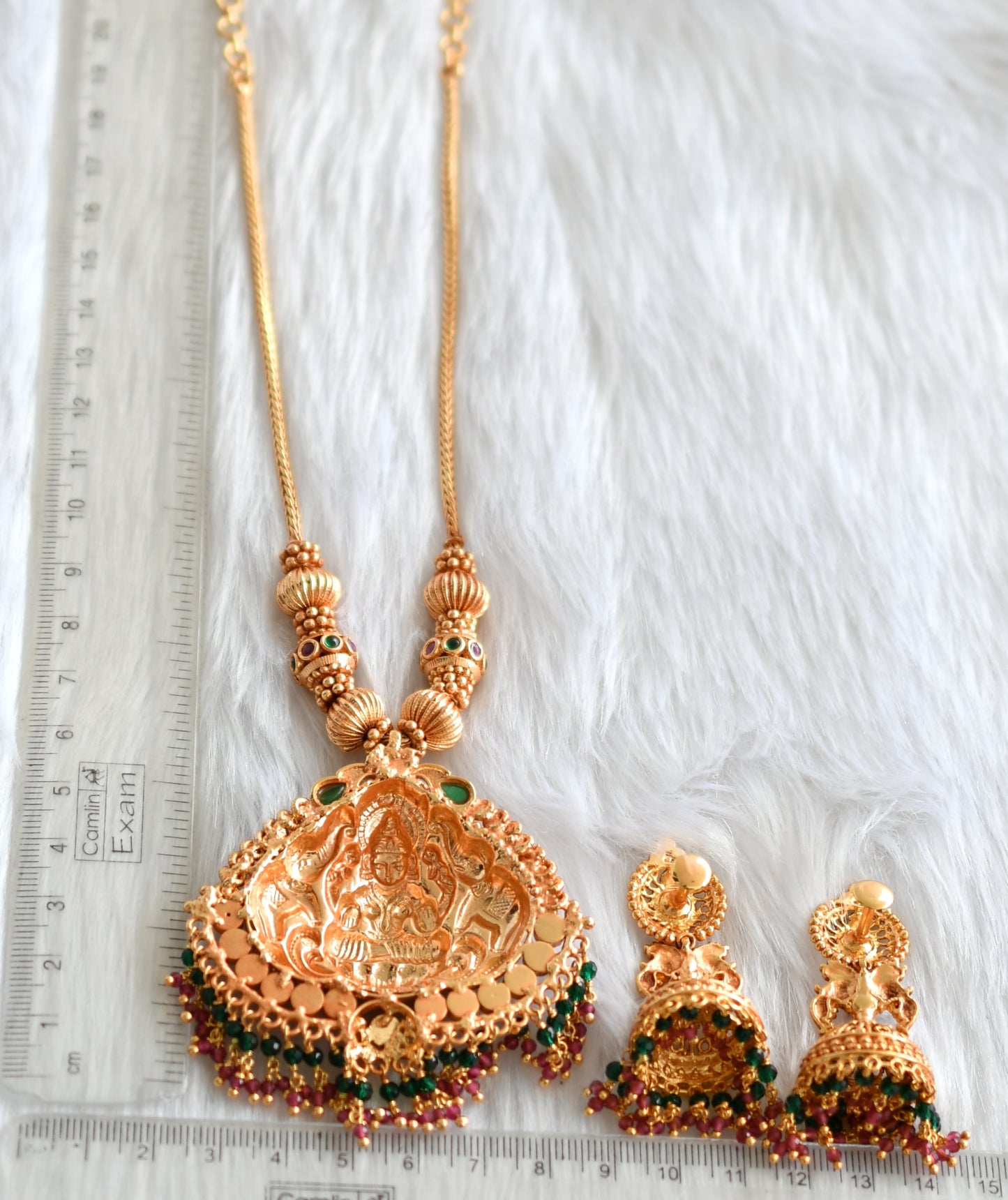 Gheru finish Lakshmi-Elephant kemp-green necklace set dj-39150