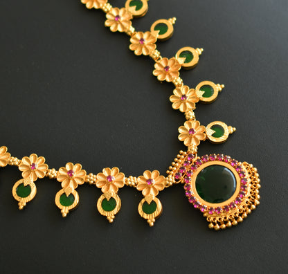 Gold tone Kerala style flower-round pink-green stone haar dj-41929