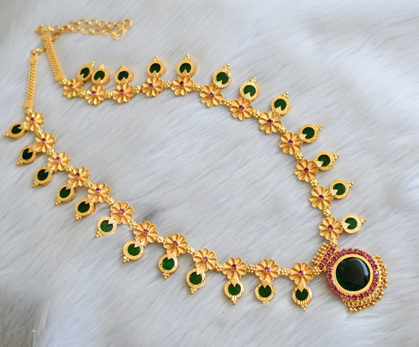 Gold tone Kerala style flower-round pink-green stone haar dj-41929