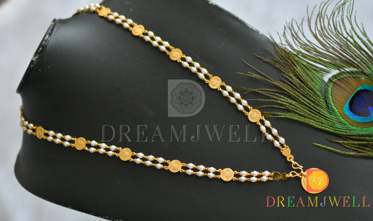 Gold tone pearl Lakshmi coin pendant with chain dj-38289