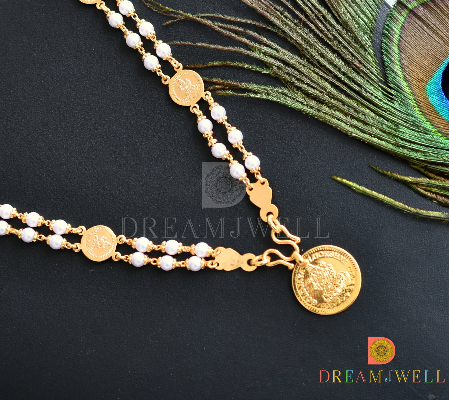 Gold tone pearl Lakshmi coin pendant with chain dj-38289