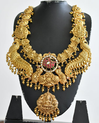 Antique gold look alike pink-white kundan jadau Lakshmi peacock haar dj-40611