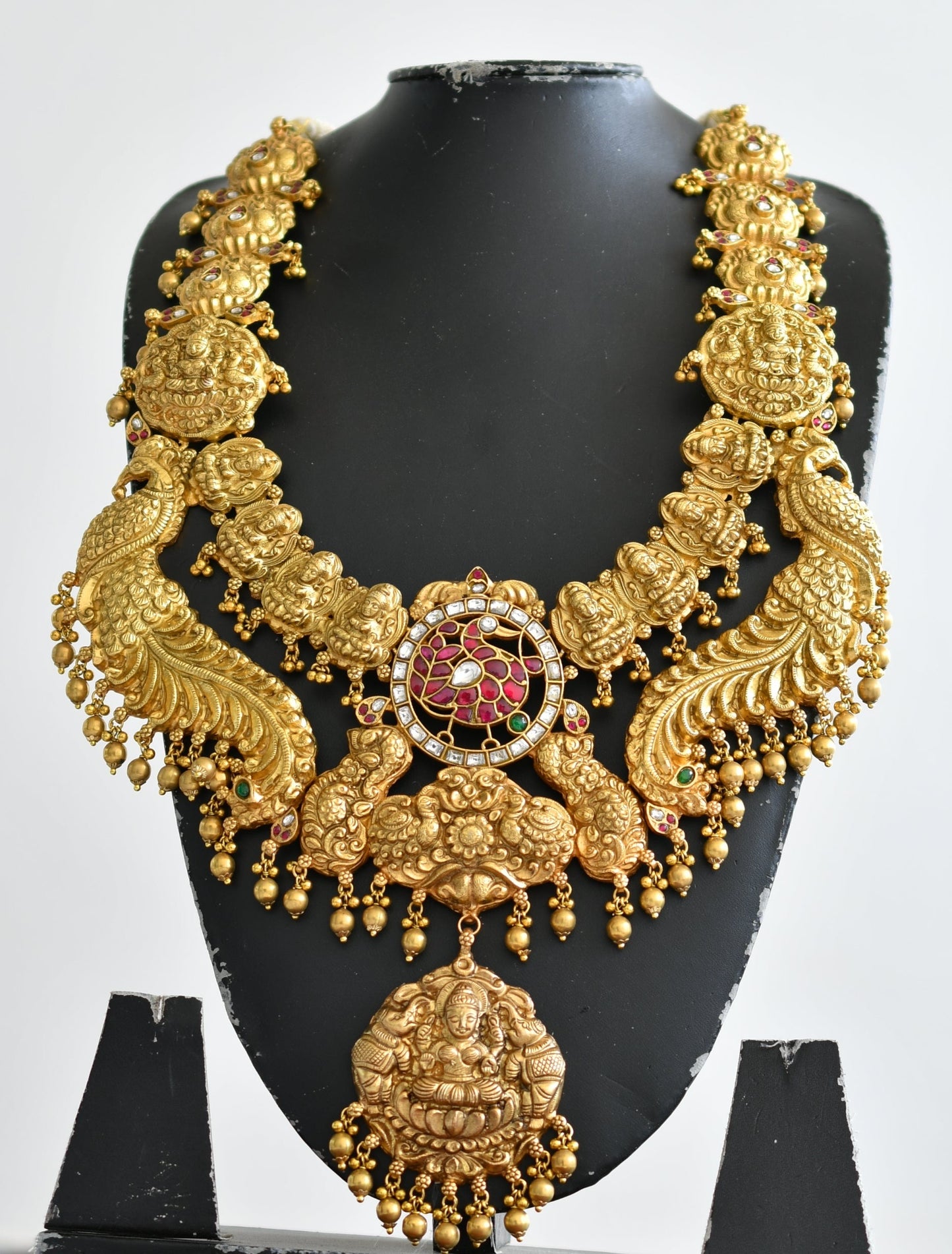 Antique gold look alike pink-white kundan jadau Lakshmi peacock haar dj-40611