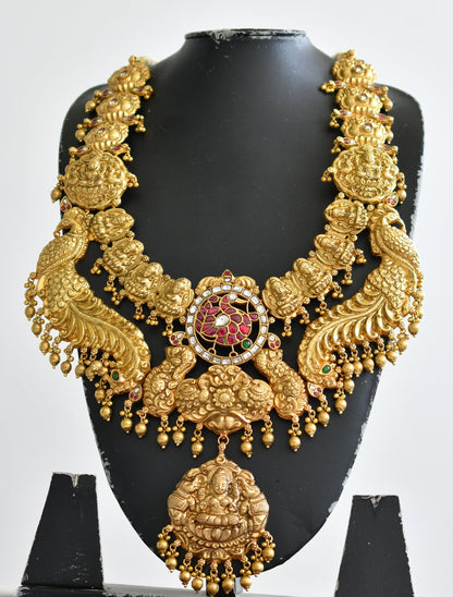 Antique gold look alike pink-white kundan jadau Lakshmi peacock haar dj-40611