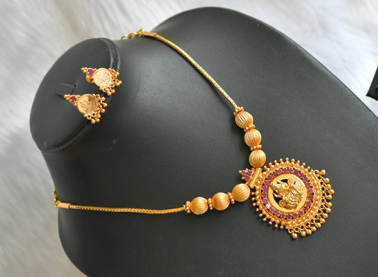 Gold tone pink stone Lakshmi necklace set dj-39148