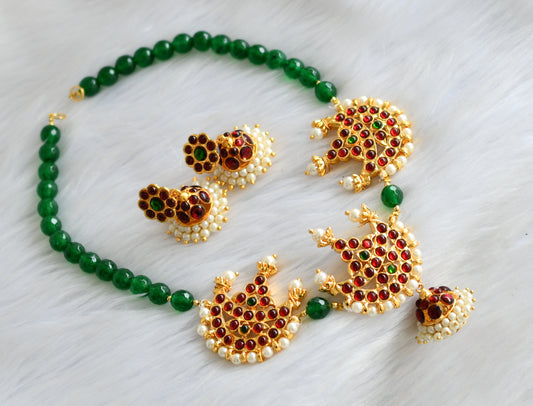 Gold tone kemp-green moon pendant green beaded necklace set dj-19225