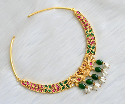 Gold tone pink-green-white Lakshmi-Peacock necklace dj-40618