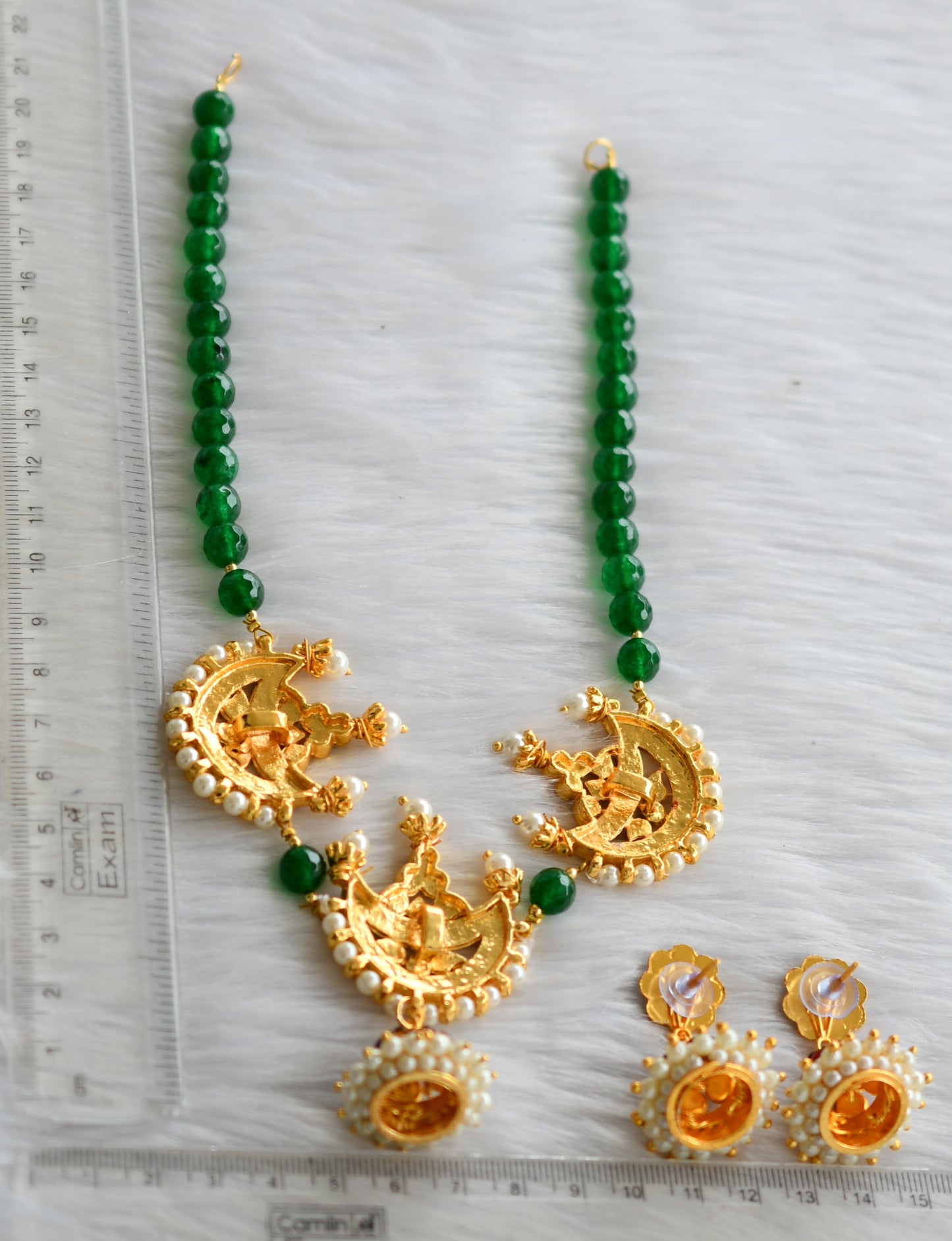 Gold tone kemp-green moon pendant green beaded necklace set dj-19225