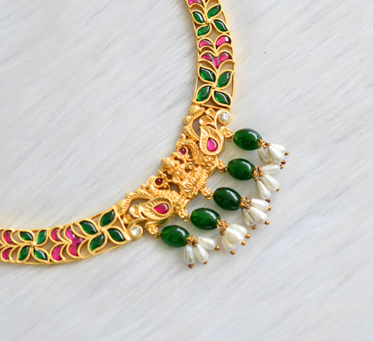 Gold tone pink-green-white Lakshmi-Peacock necklace dj-40618