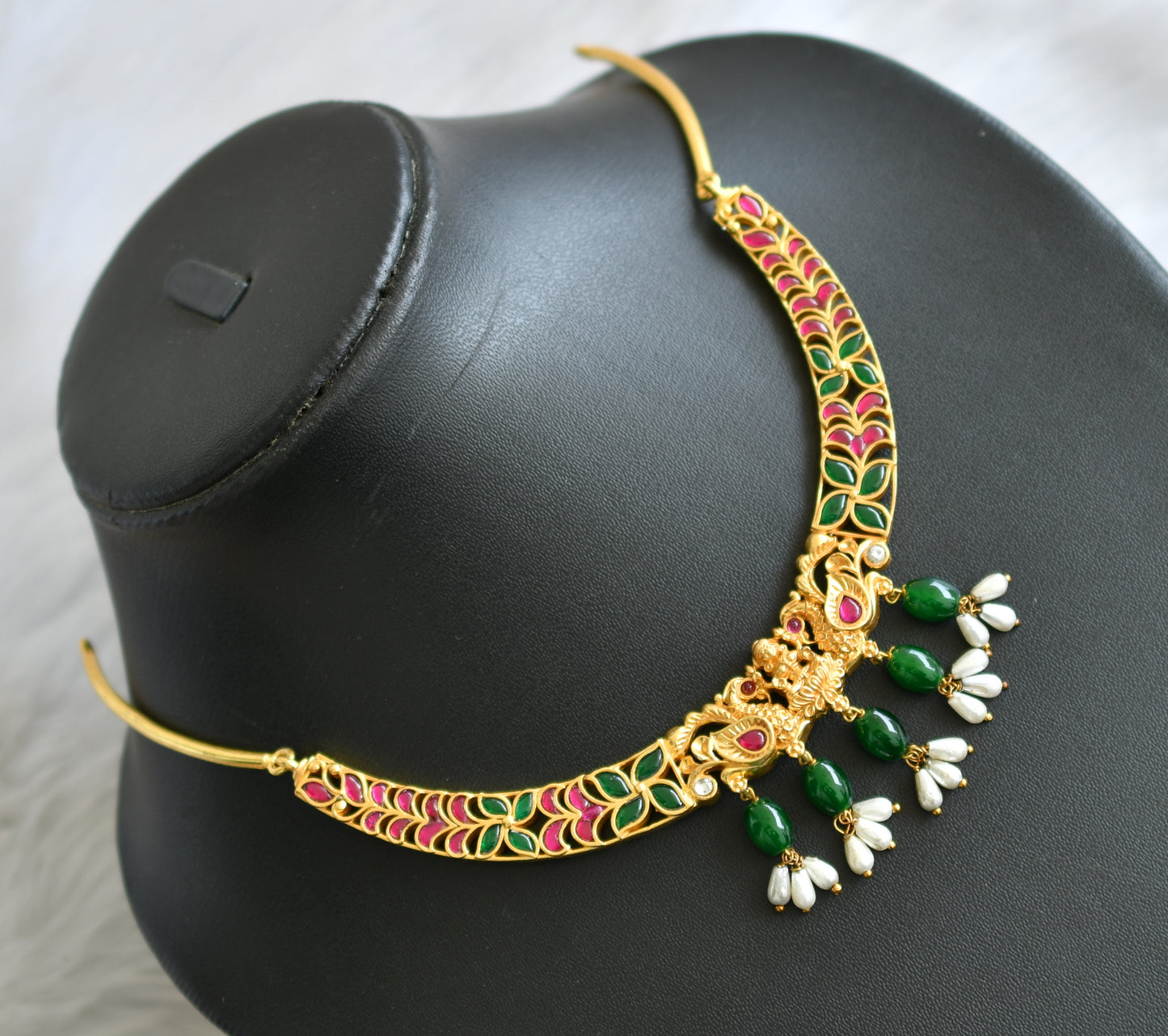 Gold tone pink-green-white Lakshmi-Peacock necklace dj-40618