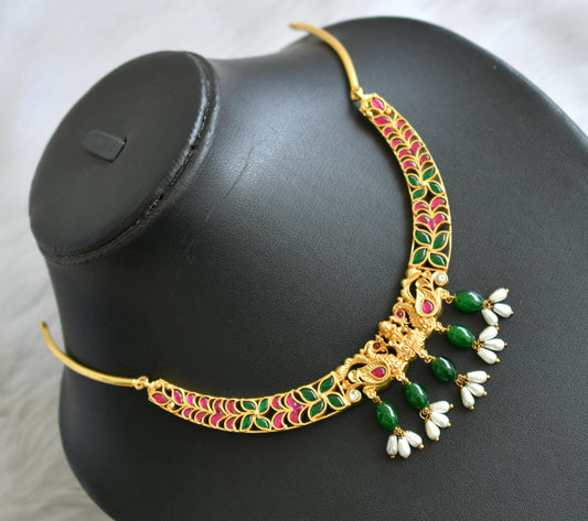 Gold tone pink-green-white Lakshmi-Peacock necklace dj-40618