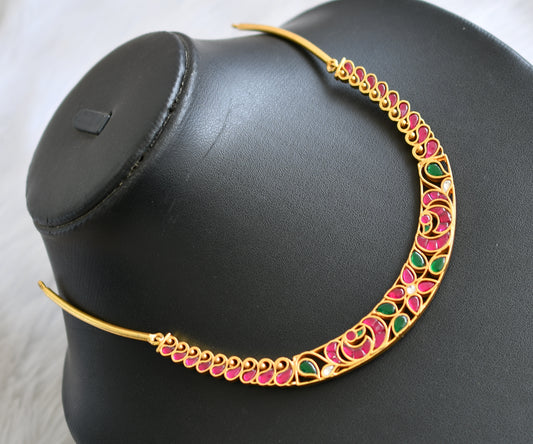 Gold tone pink-green-white kundan jadau mango peacock necklace dj-40619