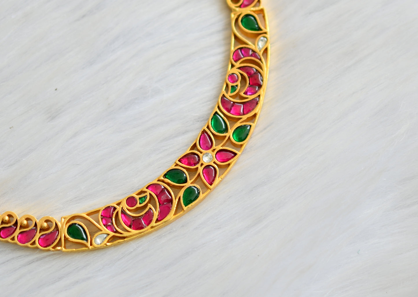 Gold tone pink-green-white kundan jadau mango peacock necklace dj-40619