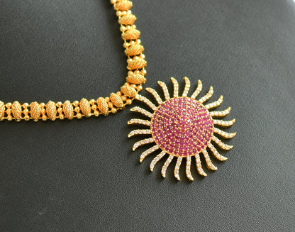 Gold tone cz ruby-white sun flower pendant necklace dj-39152