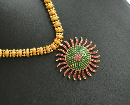 Gold tone cz ruby-emerald sun flower pendant necklace dj-39154