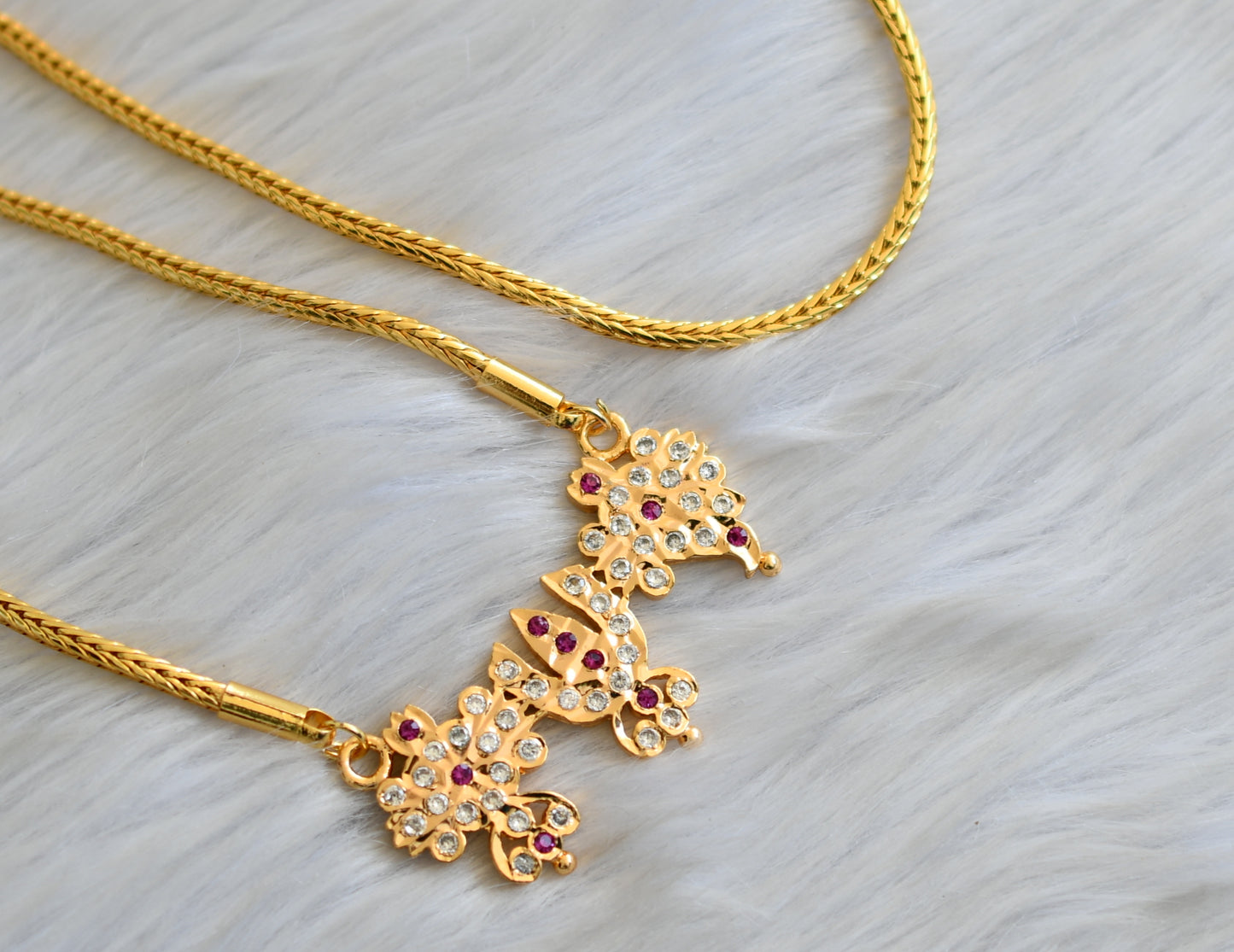 Gold tone ruby-white stone shanku-nama-chakra south Indian style pendant with chain dj-41937