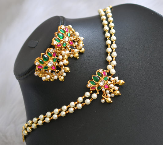 Gold tone pink-green-white kundan jadau pearl Lotus choker necklace set dj-40620