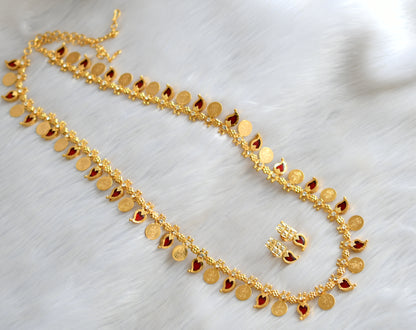 Gold tone palakka red mango Lakshmi coin designer haar set dj-34058