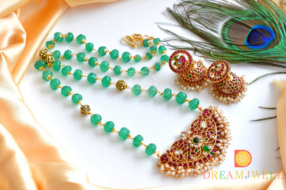Gold tone Kemp-green-white pearl designer haar set dj-36054