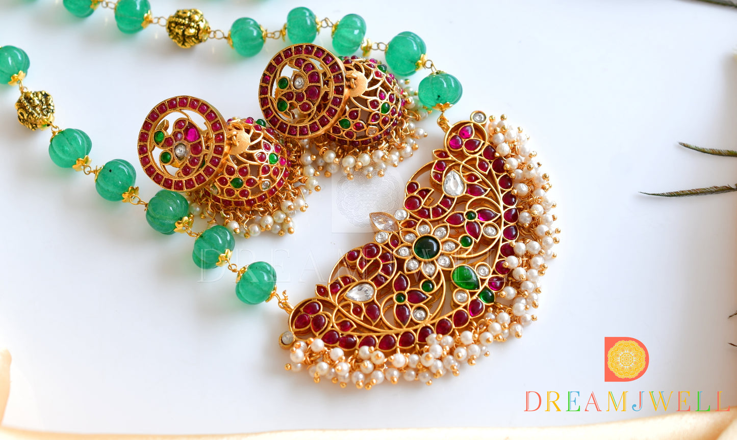 Gold tone Kemp-green-white pearl designer haar set dj-36054