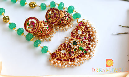 Gold tone Kemp-green-white pearl designer haar set dj-36054