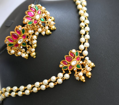 Gold tone green-pink-white kundan jadau pearl Lotus choker necklace set dj-40621