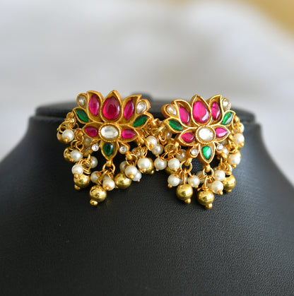 Gold tone green-pink-white kundan jadau pearl Lotus choker necklace set dj-40621