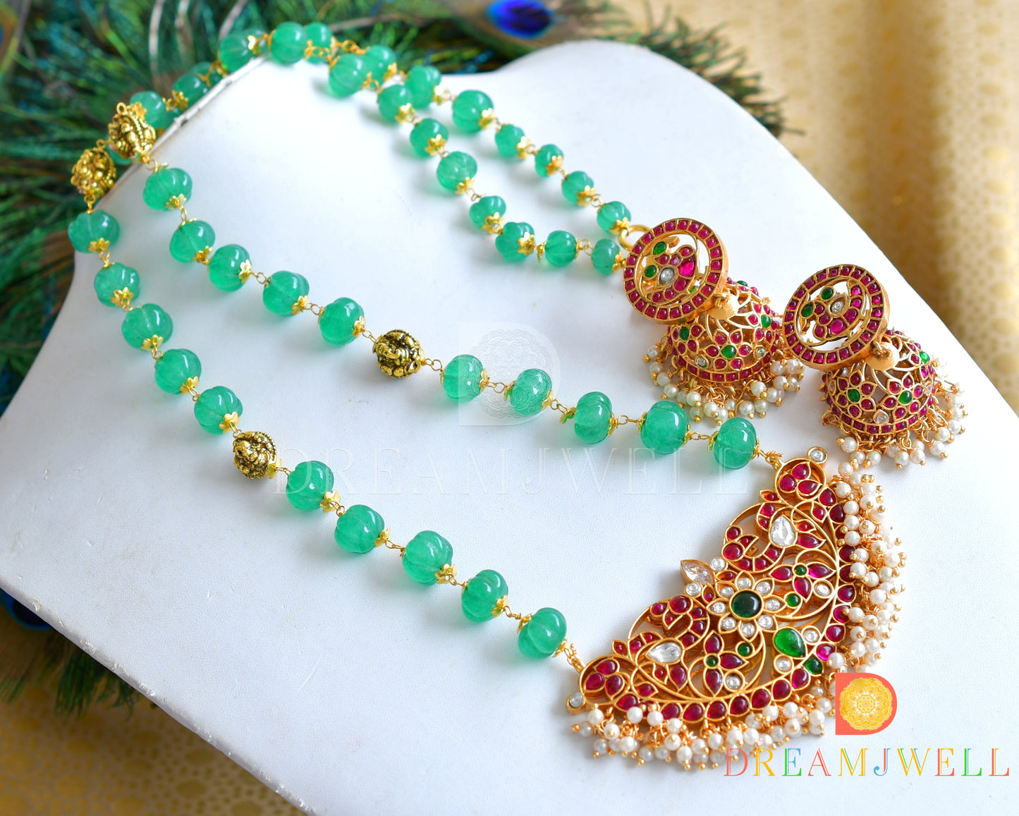 Gold tone Kemp-green-white pearl designer haar set dj-36054