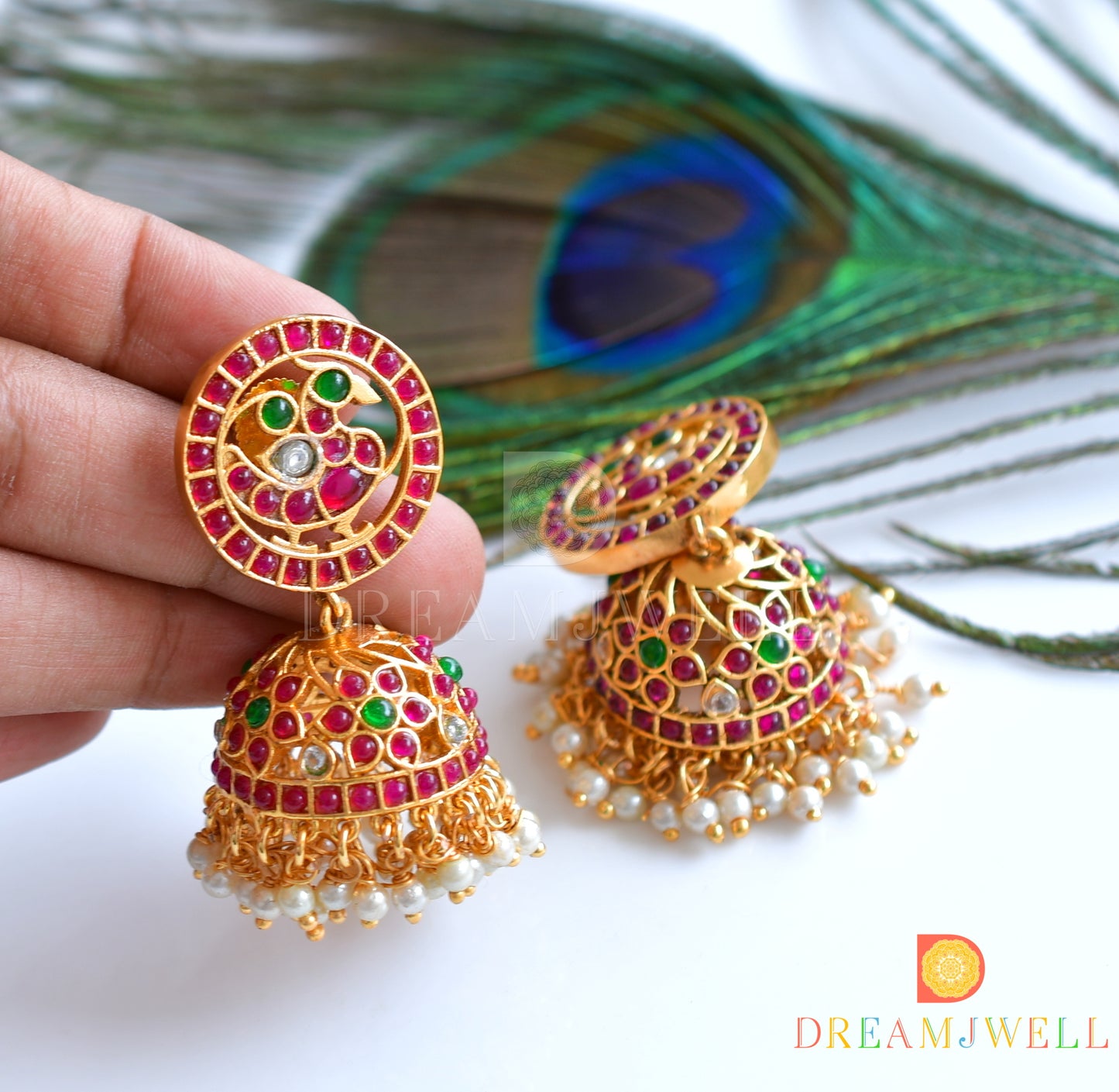 Gold tone Kemp-green-white pearl designer haar set dj-36054