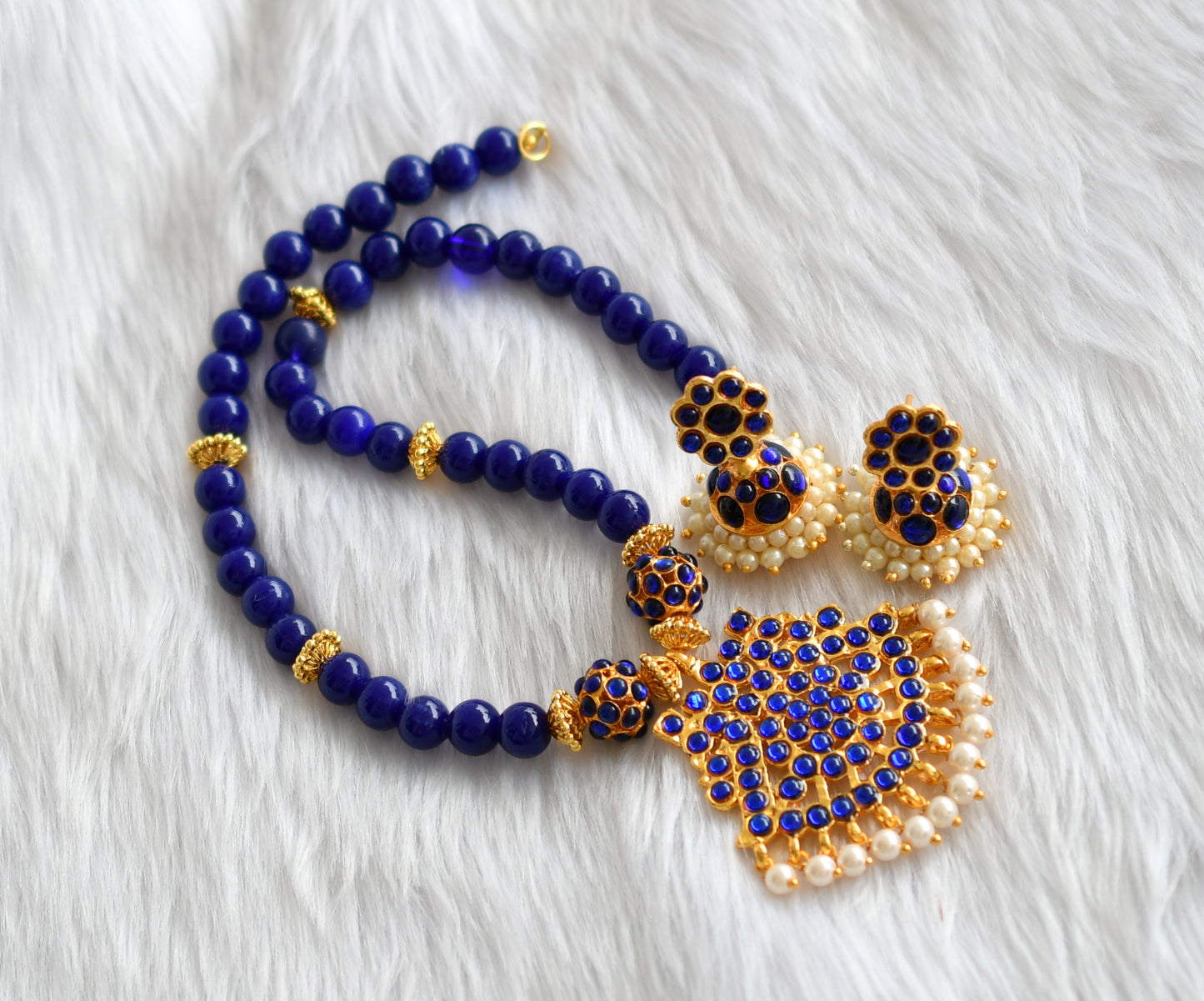 Gold tone blue beaded pearl kemp necklace set dj-18818